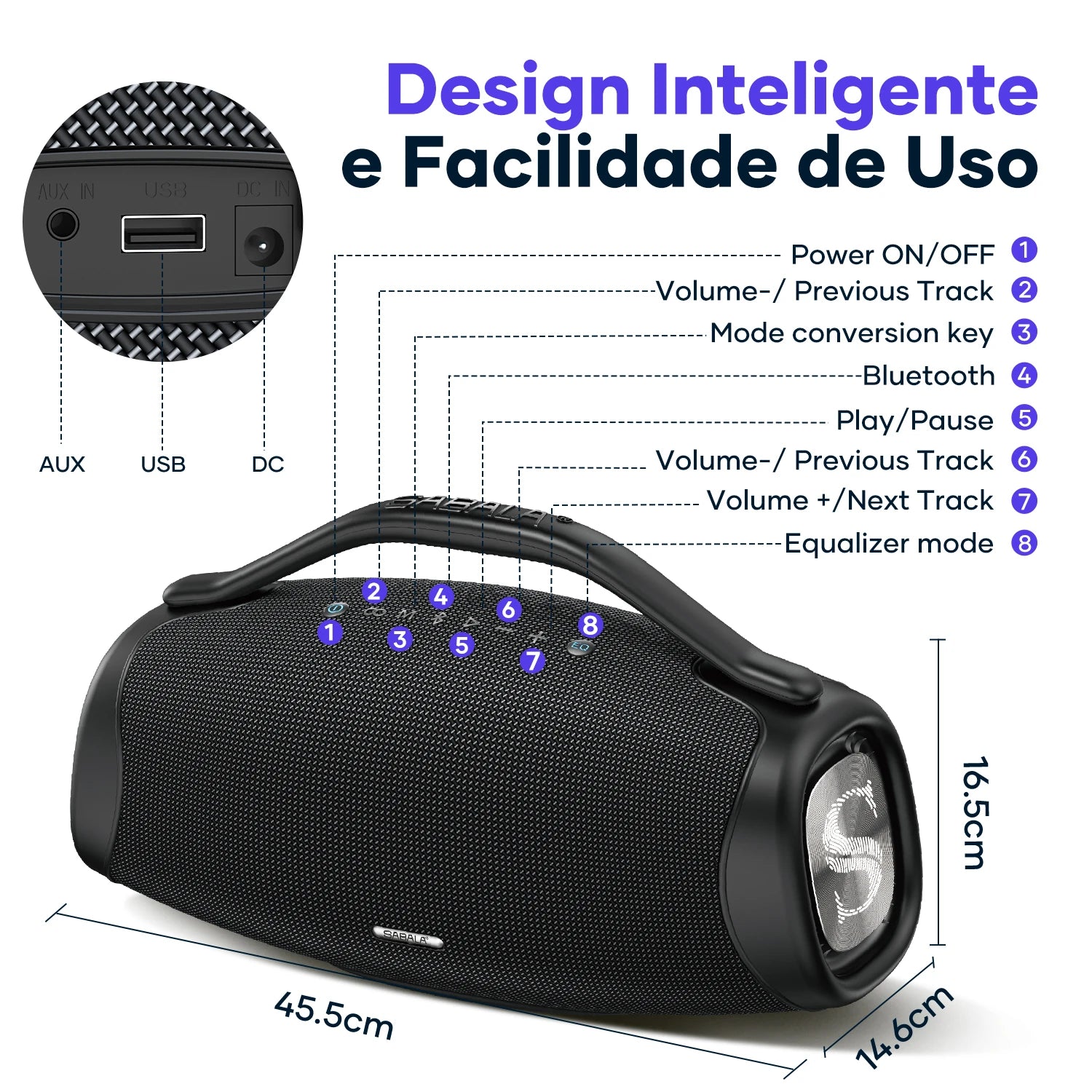 Caixa de Som Bluetooth Sabala DR-909 200W RMS Sistema 2.1 Bass Profundo Bateria 39000mAh Até 36h IPX6 À Prova D'água Powerbank TWS Original