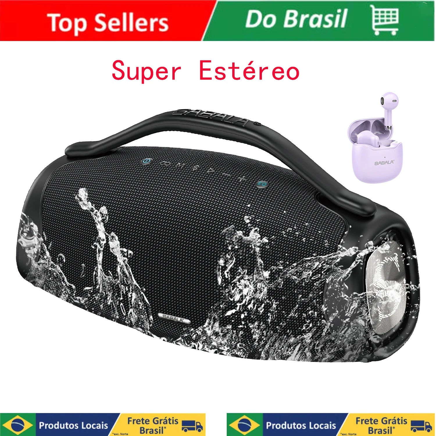 Caixa de Som Bluetooth Sabala DR-909 200W RMS Sistema 2.1 Bass Profundo Bateria 39000mAh Até 36h IPX6 À Prova D'água Powerbank TWS Original