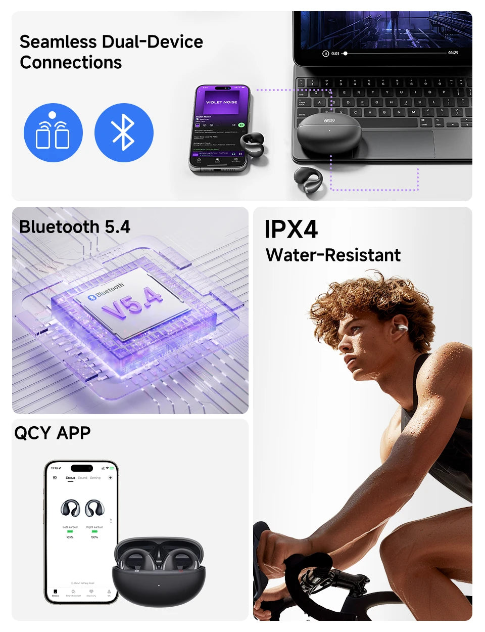 Fone de Ouvido QCY Crossky C30 Bluetooth 5.4 Open Ear Clipe de Orelha Esportivo Estilo Brinco Graves Potentes Conexão Multiponto Bateria 25h IPX4 Original