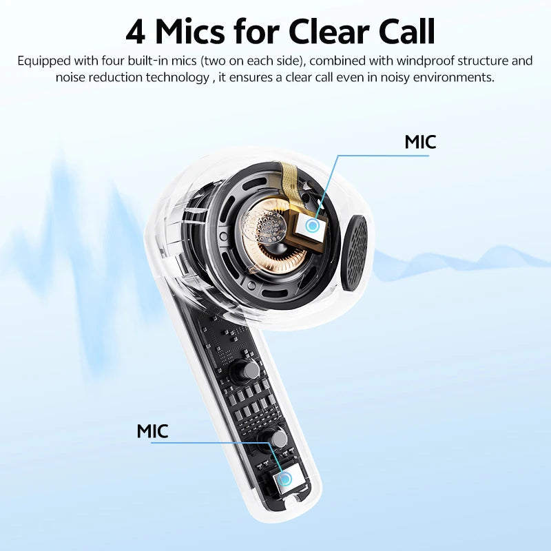 Fone de Ouvido QCY AilyBuds E10 Bluetooth 5.4 Hi-Res Áudio LDAC Som Espacial 360 Graus Gamer Baixa Latência 68ms Conexão Multiponto 4 Microfones Chamadas HD Bateria 27h