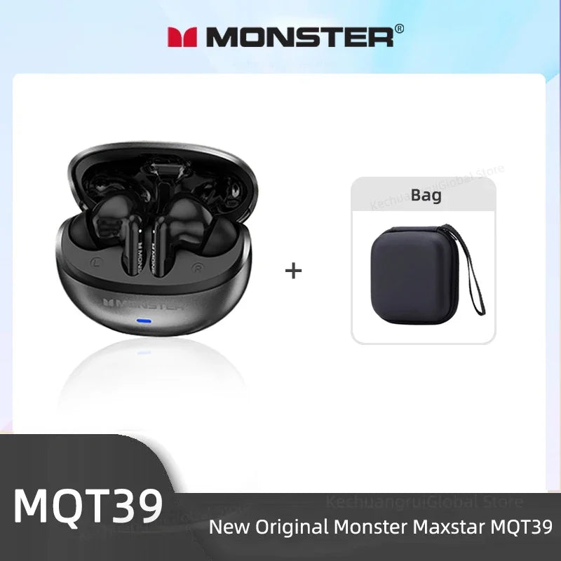 Fone de Ouvido Monster MQT39 Bluetooth 6.0 Gamer Som Surround 360 HiFi Estéreo Cancelamento de Ruído Bateria 24h Esportivo Original Monster
