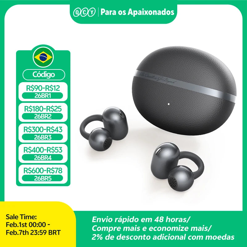 Fone de Ouvido QCY Crossky C50 Bluetooth 6.0 Open Ear Clipe Conforto Esportivo Graves Potentes 4 Mics Chamadas IA Bateria 35h IPX5 Original