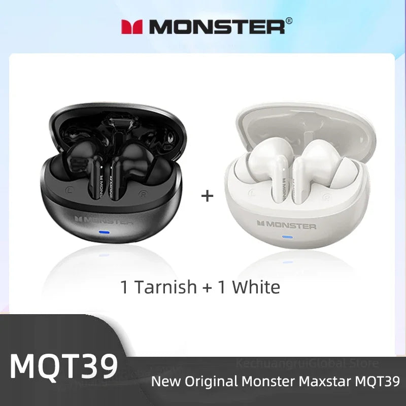 Fone de Ouvido Monster MQT39 Bluetooth 6.0 Gamer Som Surround 360 HiFi Estéreo Cancelamento de Ruído Bateria 24h Esportivo Original Monster