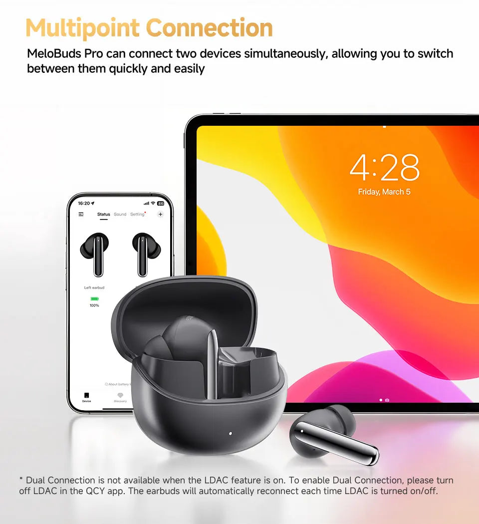 Fone de Ouvido QCY MeloBuds Pro Bluetooth 5.3 Cancelamento de Ruído ANC 46dB Hi-Res LDAC Sensor de Uso 6 Mics Chamadas HD Bateria 34h Multiponto Original