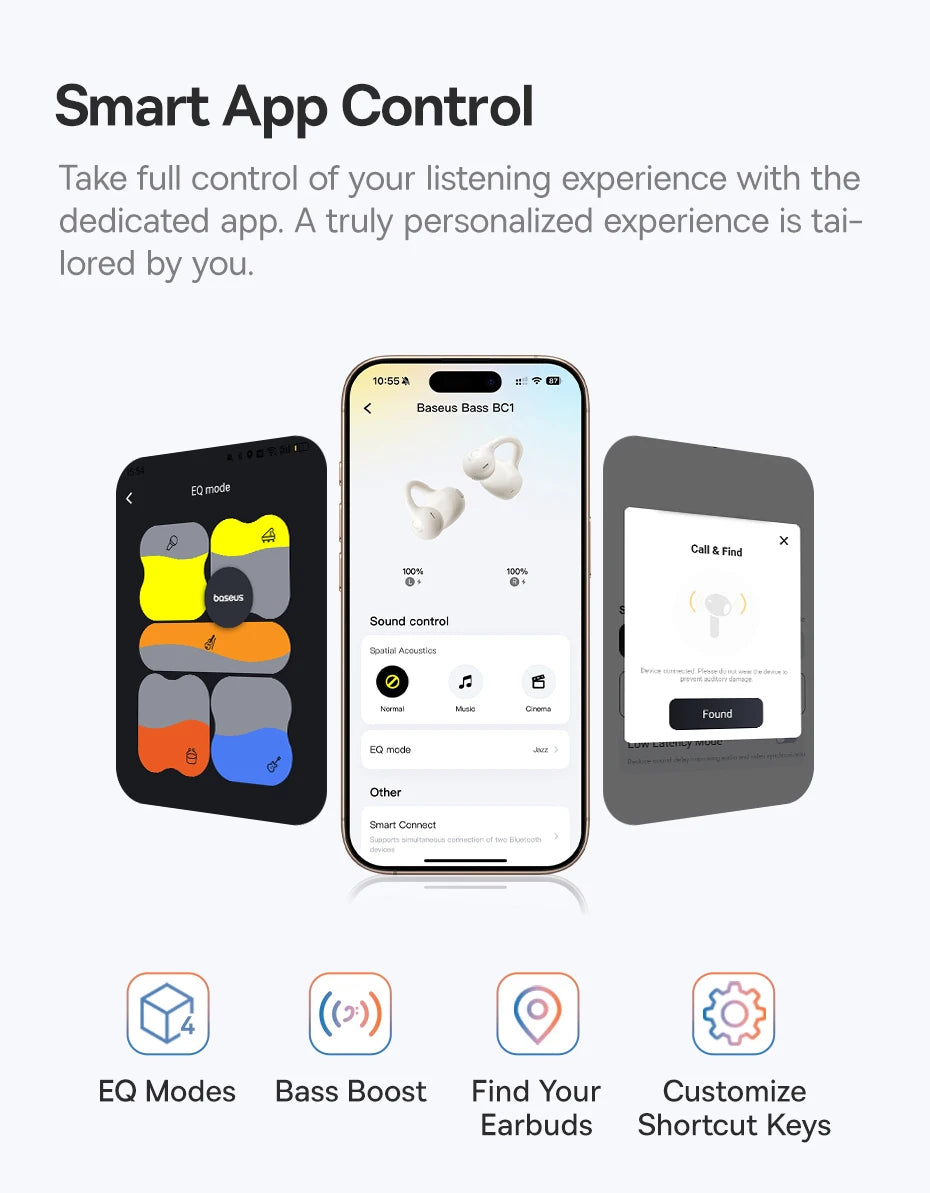 Fone de Ouvido Baseus BC1 Bluetooth 6.0 Open Ear Clipe de Orelha Esportivo Super Bass 4-Mics Chamadas IA Bateria 38h IP55 Original