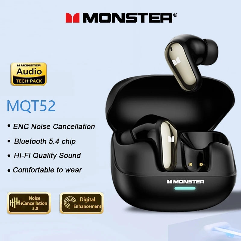 Fone de Ouvido Monster MQT52 TWS Gamer Bluetooth 5.4 Sem Fio HIFI Stereo Bass Driver 13mm Cancelamento de Ruído Chamadas HD Bateria 24h Baixa Latência Original Monster