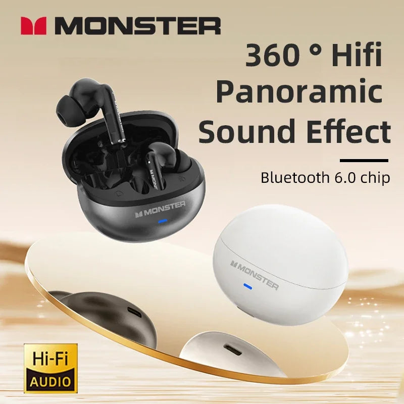 Fone de Ouvido Monster MQT39 Bluetooth 6.0 Gamer Som Surround 360 HiFi Estéreo Cancelamento de Ruído Bateria 24h Esportivo Original Monster