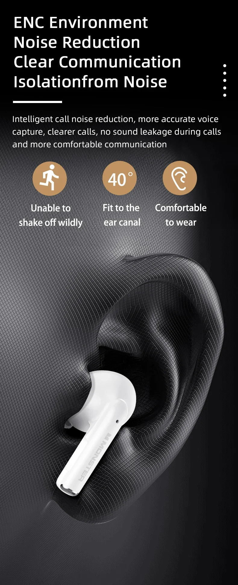 Fone de Ouvido Monster MQT39 Bluetooth 6.0 Gamer Som Surround 360 HiFi Estéreo Cancelamento de Ruído Bateria 24h Esportivo Original Monster