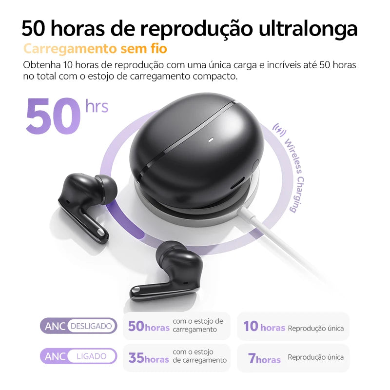 Fone de Ouvido QCY MeloBuds N70 Bluetooth 6.0 Cancelamento de Ruído Adaptativo ANC -56dB Hi-Res LDAC Carregamento Sem Fio Bateria 50h 6 Mics Chamadas HD Original
