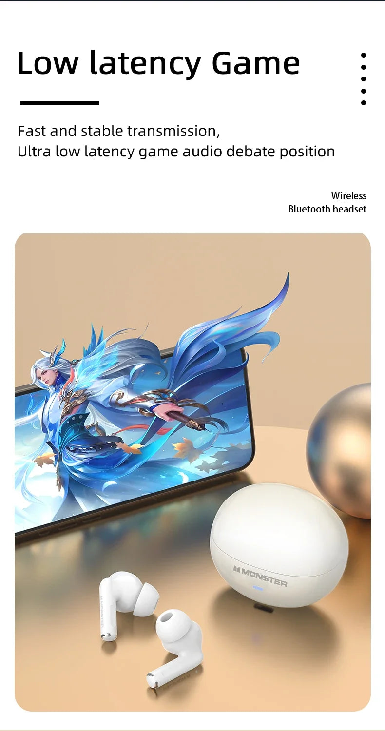 Fone de Ouvido Monster MQT39 Bluetooth 6.0 Gamer Som Surround 360 HiFi Estéreo Cancelamento de Ruído Bateria 24h Esportivo Original Monster