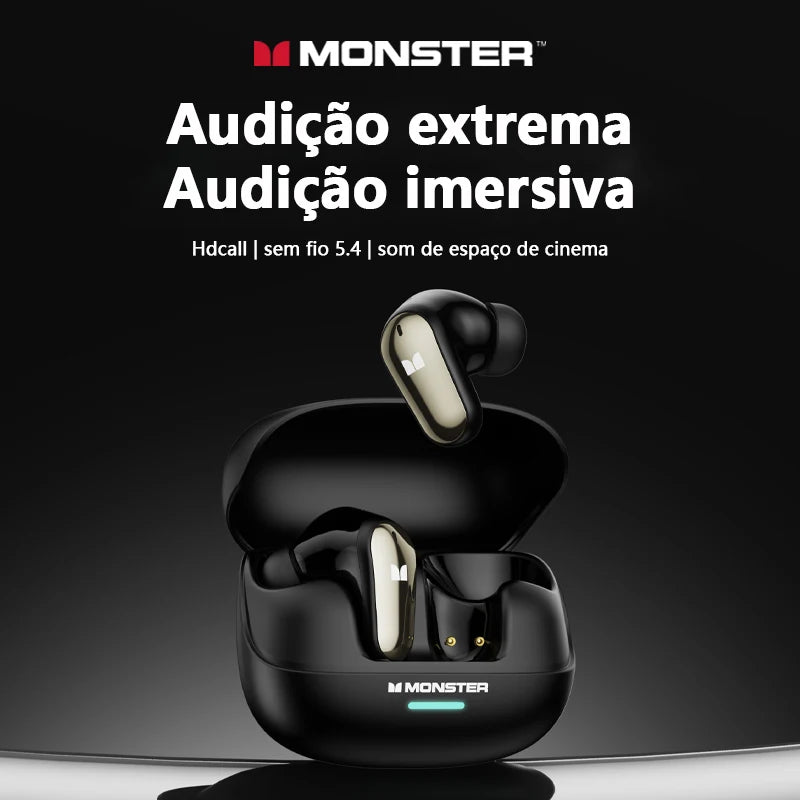 Fone de Ouvido Monster MQT52 Bluetooth 5.4 Som Surround 360 Cinema Bateria 24h Modo Gamer Latência Zero 0.08s HiFi Estéreo Original Monster