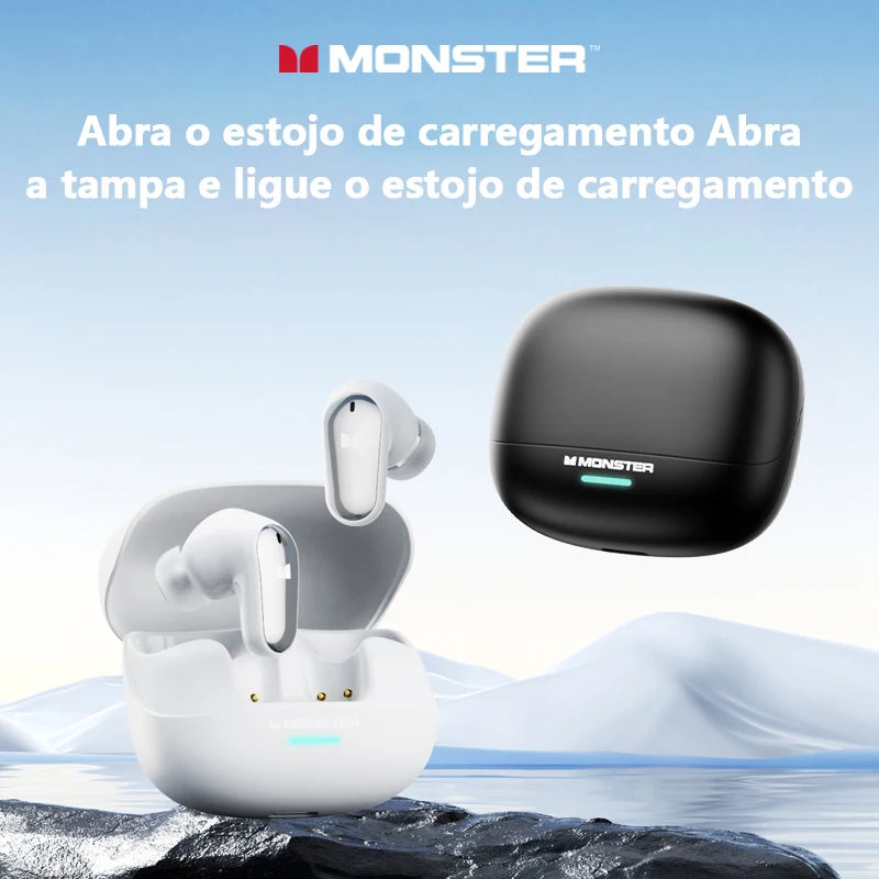 Fone de Ouvido Monster MQT52 Bluetooth 5.4 Som Surround 360 Cinema Bateria 24h Modo Gamer Latência Zero 0.08s HiFi Estéreo Original Monster