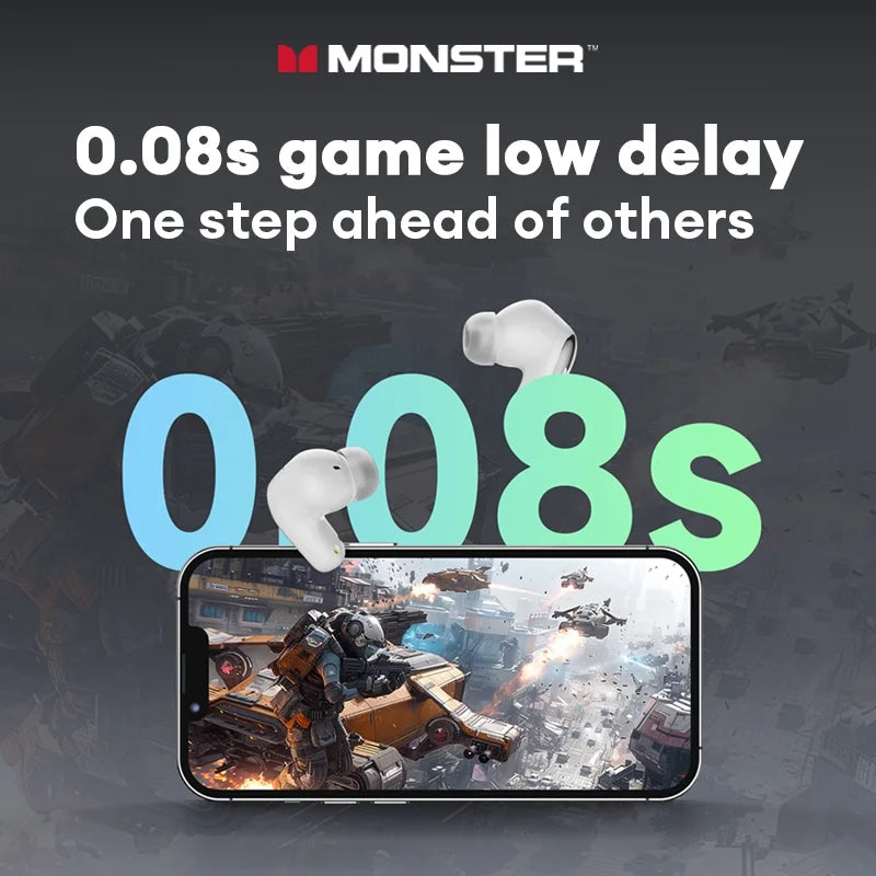 Fone de Ouvido Monster MQT52 TWS Gamer Bluetooth 5.4 Sem Fio HIFI Stereo Bass Driver 13mm Cancelamento de Ruído Chamadas HD Bateria 24h Baixa Latência Original Monster