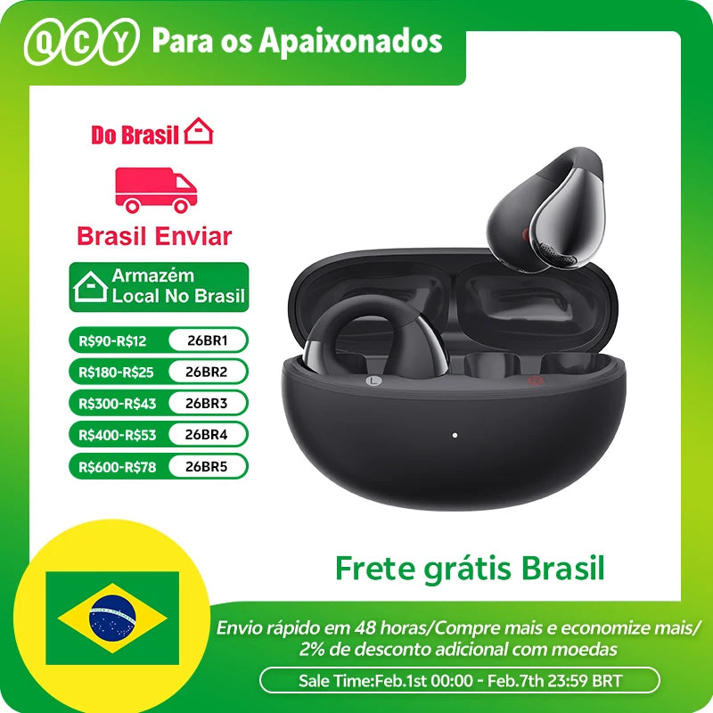Fone de Ouvido QCY Crossky C30 Bluetooth 5.4 Open Ear Clipe de Orelha Esportivo Estilo Brinco Graves Potentes Conexão Multiponto Bateria 25h IPX4 Original