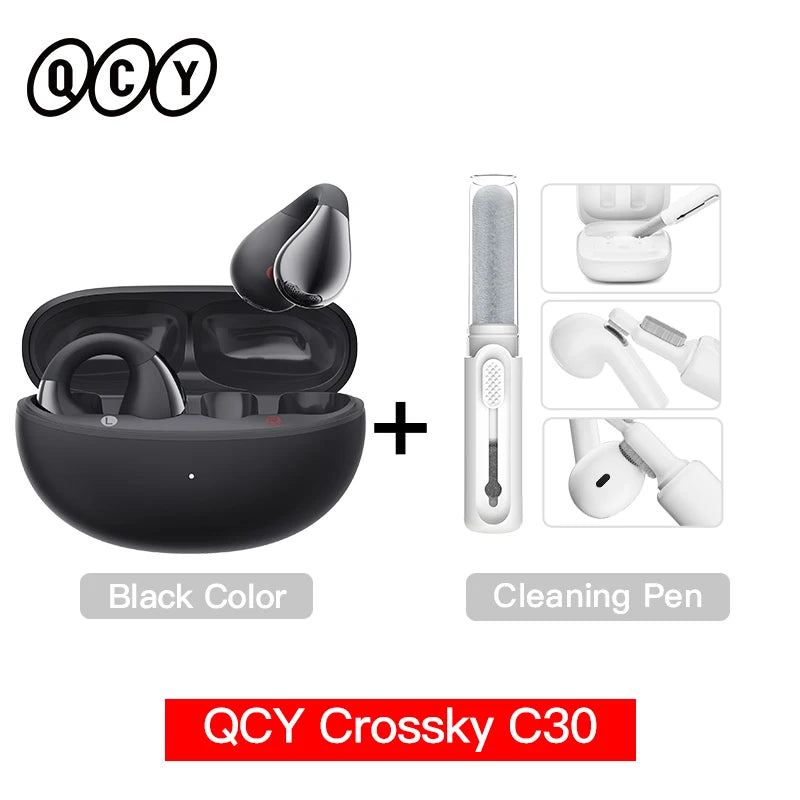 Fone de Ouvido QCY Crossky C30 Bluetooth 5.4 Open Ear Clipe de Orelha Esportivo Estilo Brinco Graves Potentes Conexão Multiponto Bateria 25h IPX4 Original