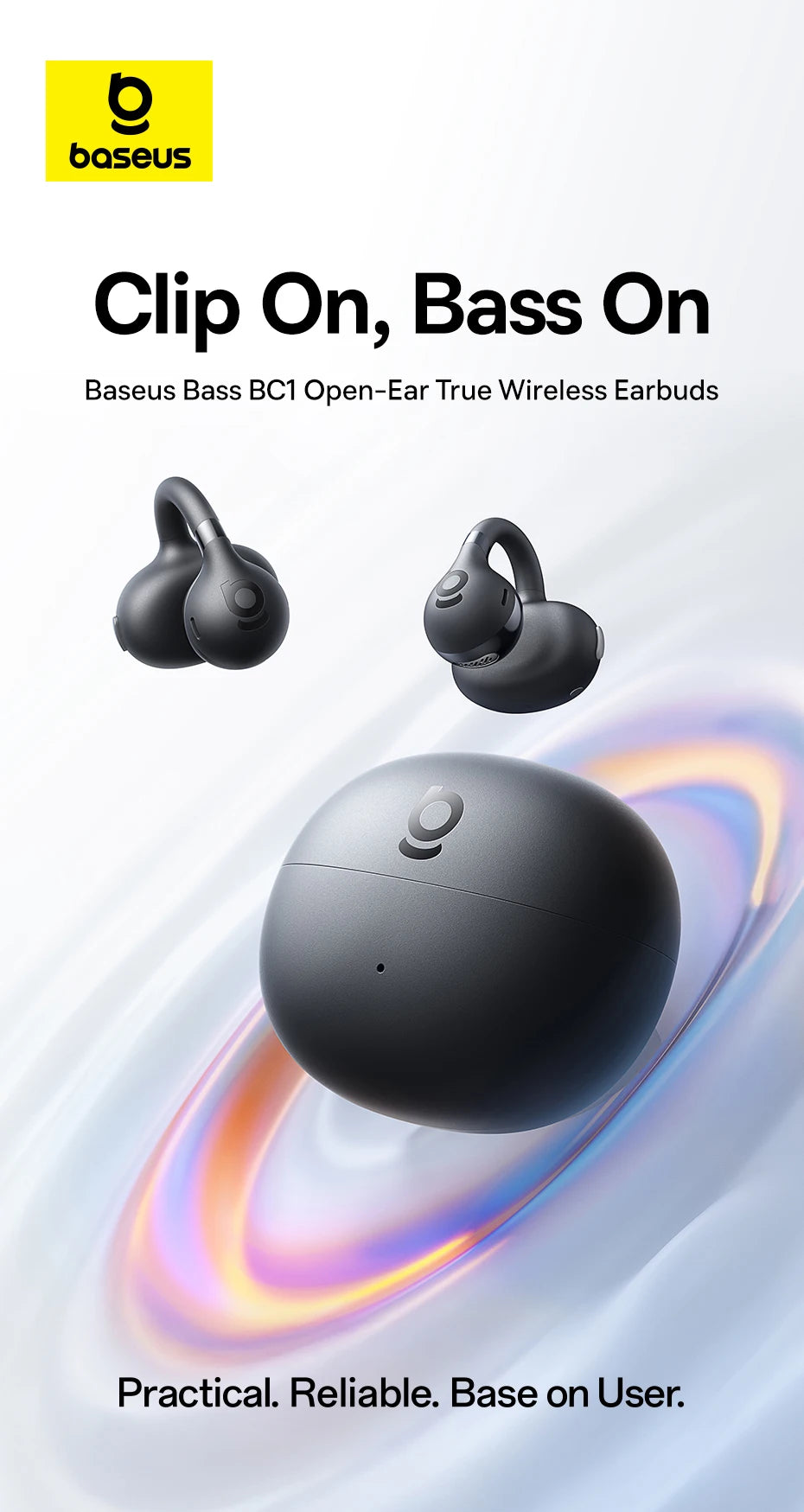 Fone de Ouvido Baseus BC1 Bluetooth 6.0 Open Ear Clipe de Orelha Esportivo Super Bass 4-Mics Chamadas IA Bateria 38h IP55 Original