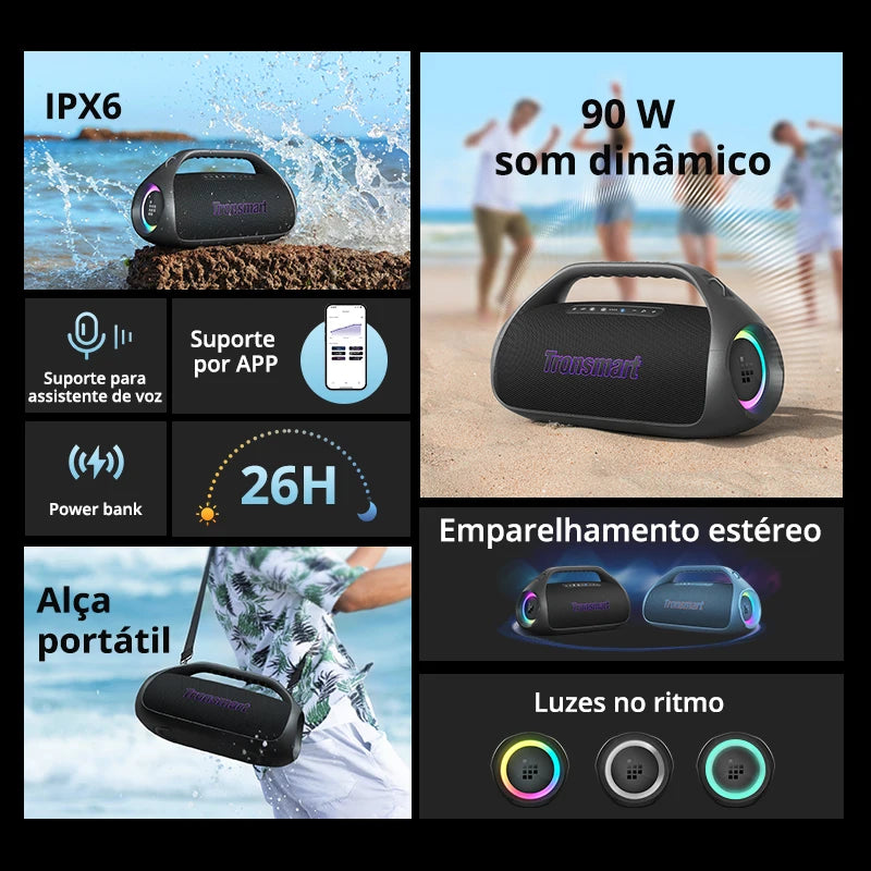 Caixa de Som Bluetooth Tronsmart Bang 2 90W Portátil Potente Subwoofer 2.1 Canais Bateria 26h Powerbank IPX6 Prova D'água Som Surround Festa Show de Luzes LED App EQ Externo