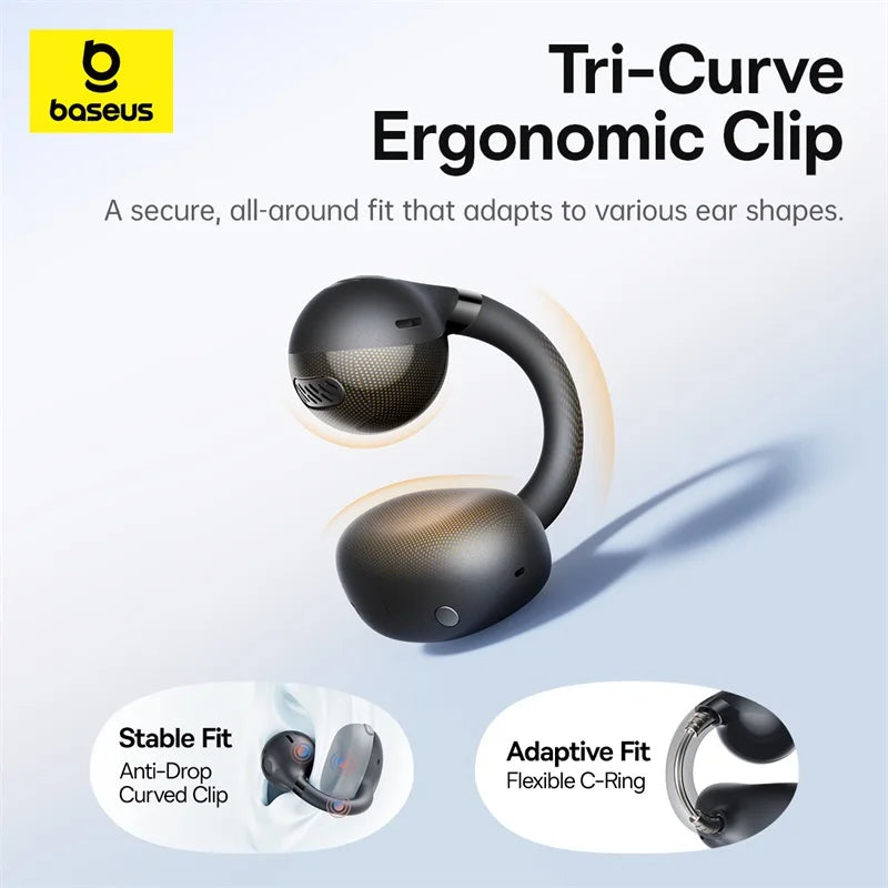 Fone de Ouvido Baseus BC1 Bluetooth 6.0 Open Ear Clipe de Orelha Esportivo Super Bass 4-Mics Chamadas IA Bateria 38h IP55 Original