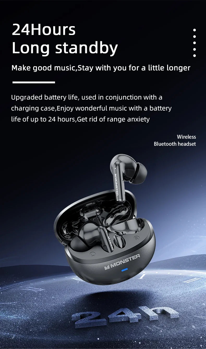 Fone de Ouvido Monster MQT39 Bluetooth 6.0 Gamer Som Surround 360 HiFi Estéreo Cancelamento de Ruído Bateria 24h Esportivo Original Monster