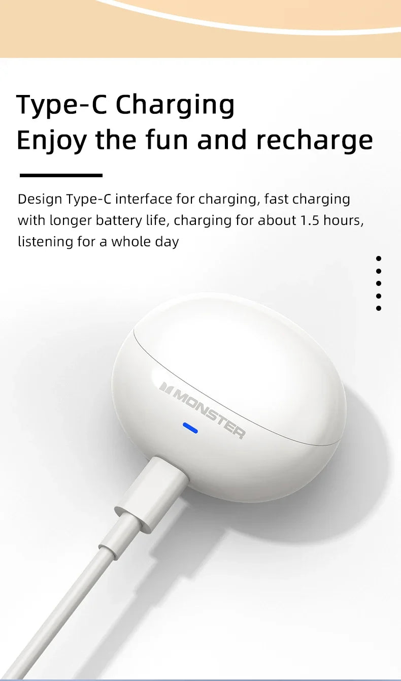 Fone de Ouvido Monster MQT39 Bluetooth 6.0 Gamer Som Surround 360 HiFi Estéreo Cancelamento de Ruído Bateria 24h Esportivo Original Monster