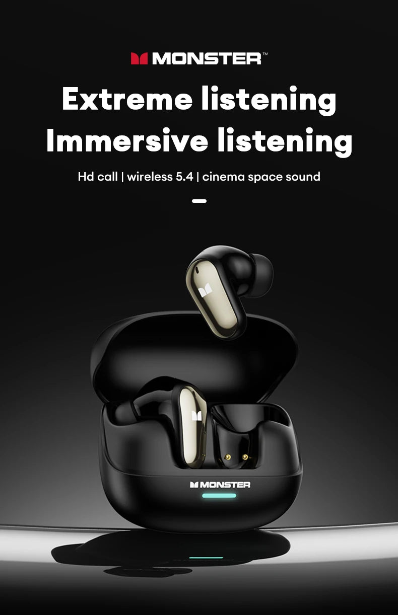 Fone de Ouvido Monster MQT52 Bluetooth 5.4 Som Surround 360 Cinema Bateria 24h Modo Gamer Latência Zero 0.08s HiFi Estéreo Original Monster