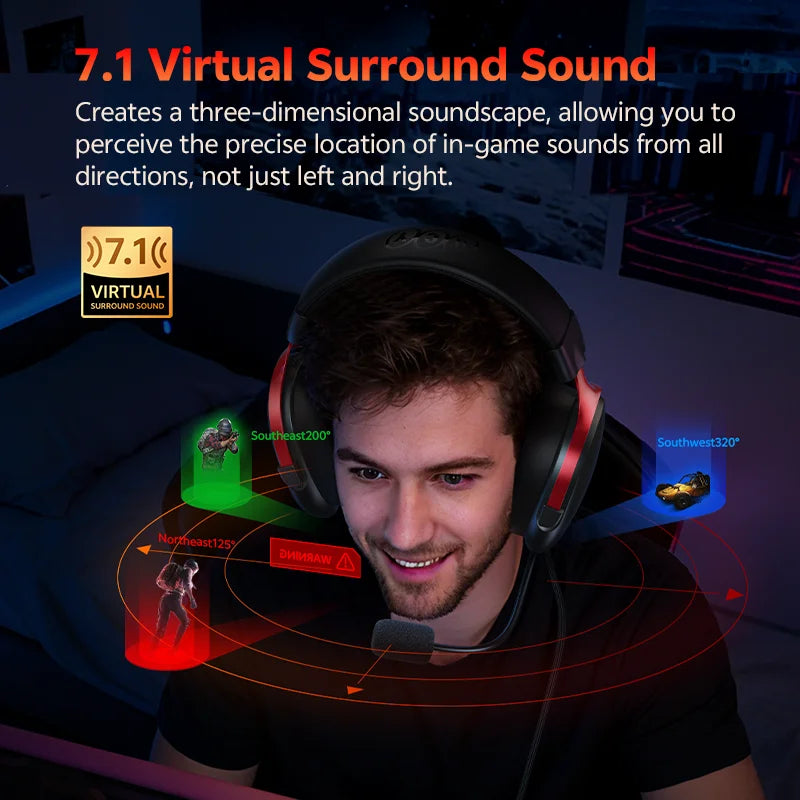 Headset Gamer QCY VN200 Pro Som Surround 7.1 Virtual Driver 40mm Microfone HD Sensível Fone de Ouvido Profissional USB PC PS4 PS5 Notebook Cabo 2.2m Ergonômico