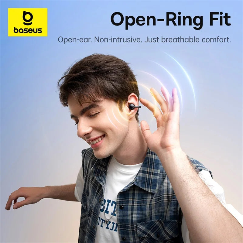 Fone de Ouvido Baseus BC1 Bluetooth 6.0 Open Ear Clipe de Orelha Esportivo Super Bass 4-Mics Chamadas IA Bateria 38h IP55 Original