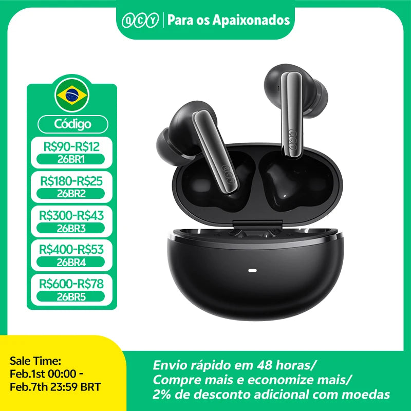 Fone de Ouvido QCY MeloBuds N70 Bluetooth 6.0 Cancelamento de Ruído Adaptativo ANC -56dB Hi-Res LDAC Carregamento Sem Fio Bateria 50h 6 Mics Chamadas HD Original