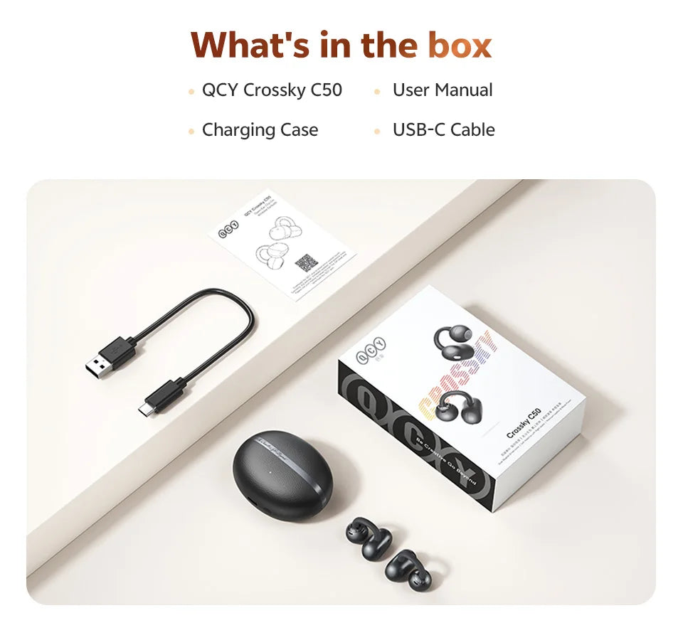 Fone de Ouvido QCY Crossky C50 Bluetooth 6.0 Open Ear Clipe Conforto Esportivo Graves Potentes 4 Mics Chamadas IA Bateria 35h IPX5 Original